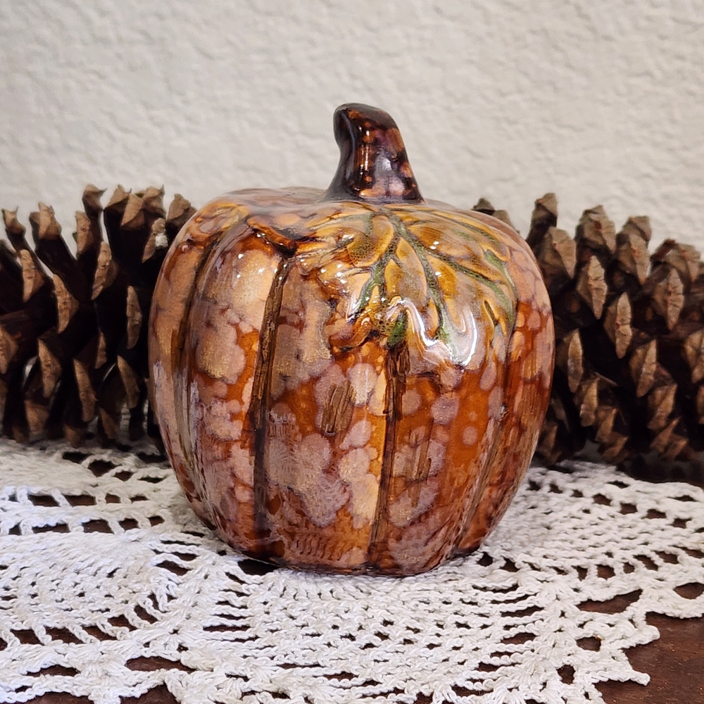 Glazed Ceramic Pumpkin - Fall Table Decor Brown with Leaf and Dapple